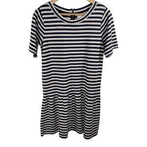 Marina Luna Striped Drop Waist Mini Dress Medium Navy Cream Short Sleeve Casual